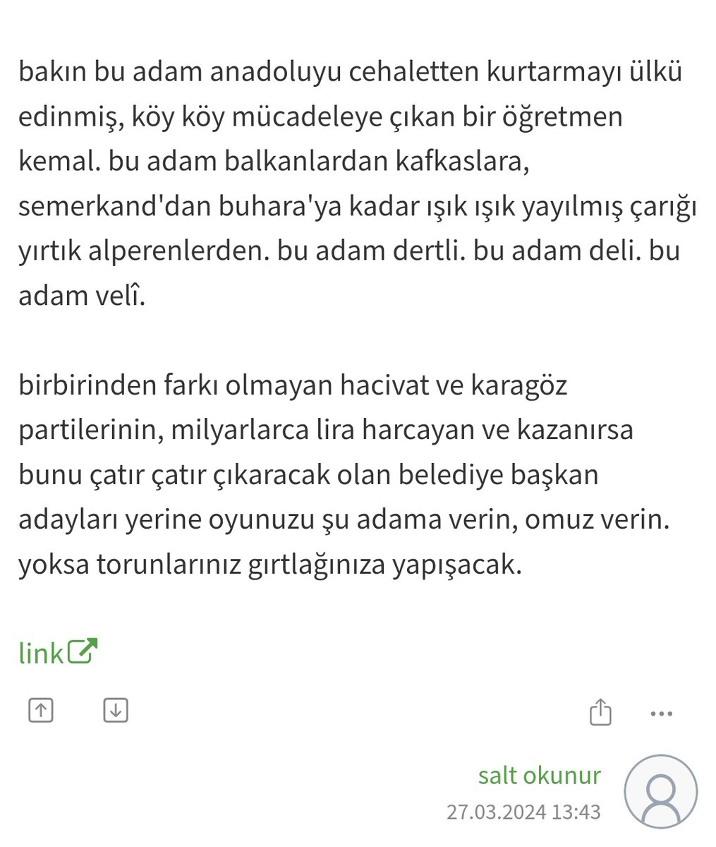 Ekşi Sözlük'te bir Ümit Özdağ yorumu: bu adam anadoluyu cehaletten kurtarmayı ülkü edinmiş, köy köy mücadeleye çıkan bir öğretmen kemal. bu adam balkanlardan kafkaslara, semerkand'dan buhara'ya kadar ışık ışık yayılmış çarığı yırtık alperenlerden. bu adam dertli. bu adam…