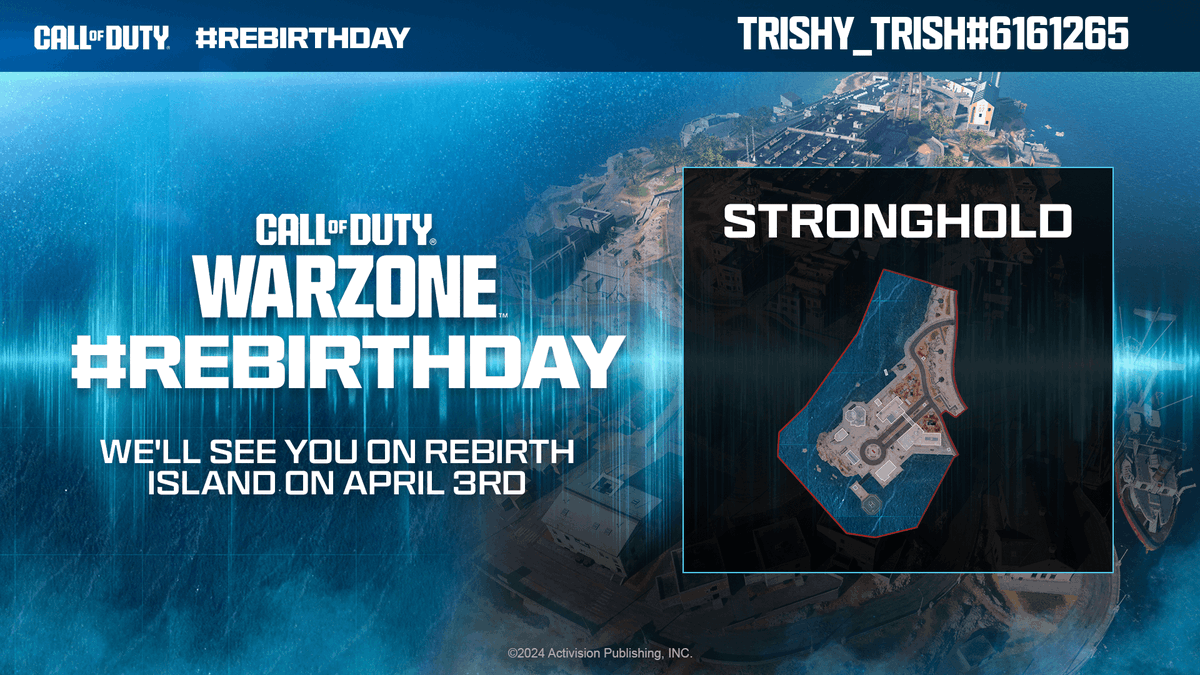 CallofDuty's tweet photo. @Tiny_Trini @Tiny_Trini See you on Rebirth Island April 3! 

Party it up and bring the Squad to Stronghold! 🏰 https://t.co/HcXi9URI9N