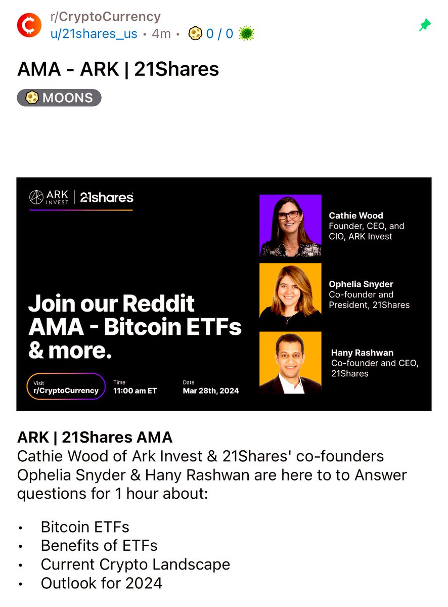 ARK Invest AMA on r/CryptoCurrency!

Ask Your Questions Here:
reddit.com/r/CryptoCurren…