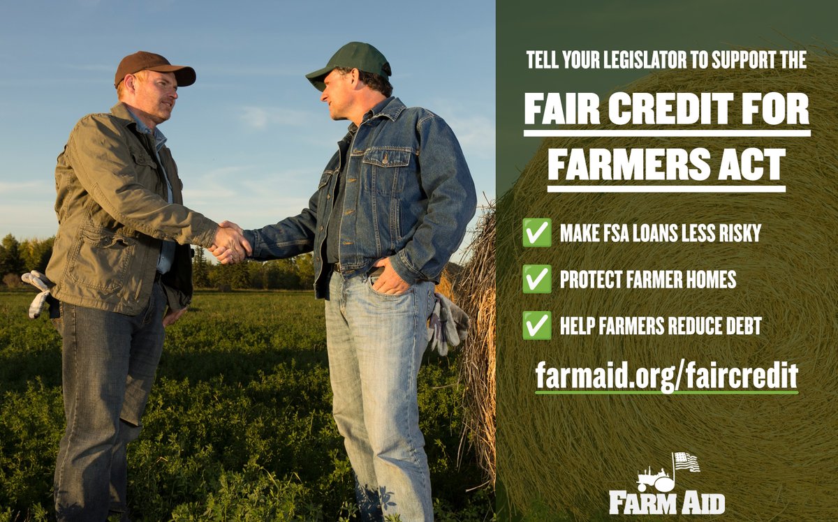 Tell your legislators to support the #FairCreditForFarmersAct! It makes Farm Service Agency loans less risky, protecting farmer homes and businesses and holds the FSA accountable for errors. Take action now 👉 farmaid.org/faircredit