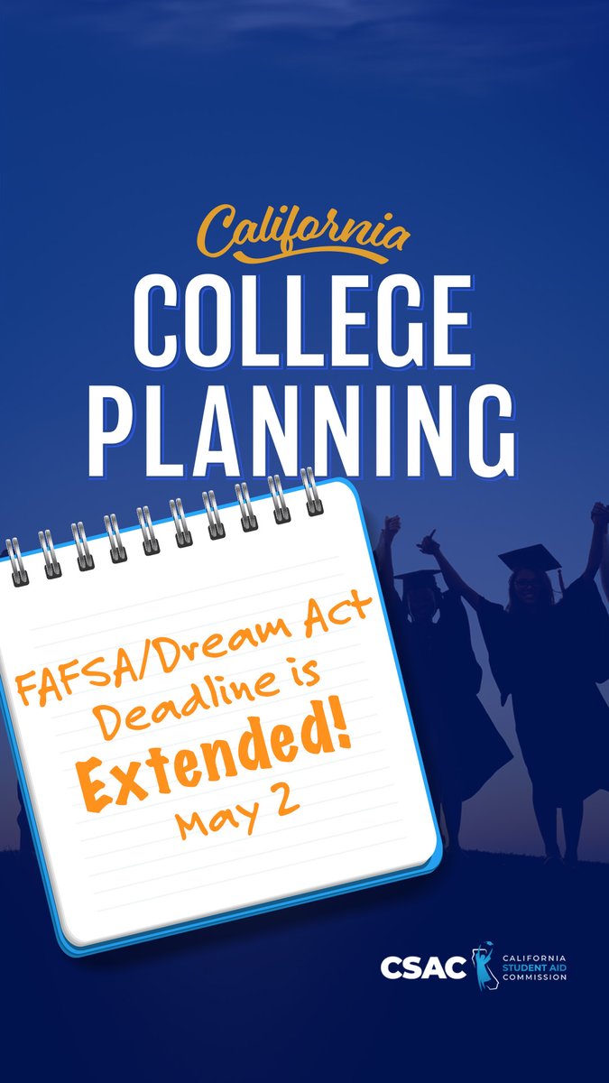 APPLY TODAY! You still have time to get financial aid for college. The deadline for Cal Grant and the Middle Class Scholarship has just been extended to May 2. Workshop info here castudentaid.org/c4c| #CalGrant #MiddleClassScholarship #FAFSA