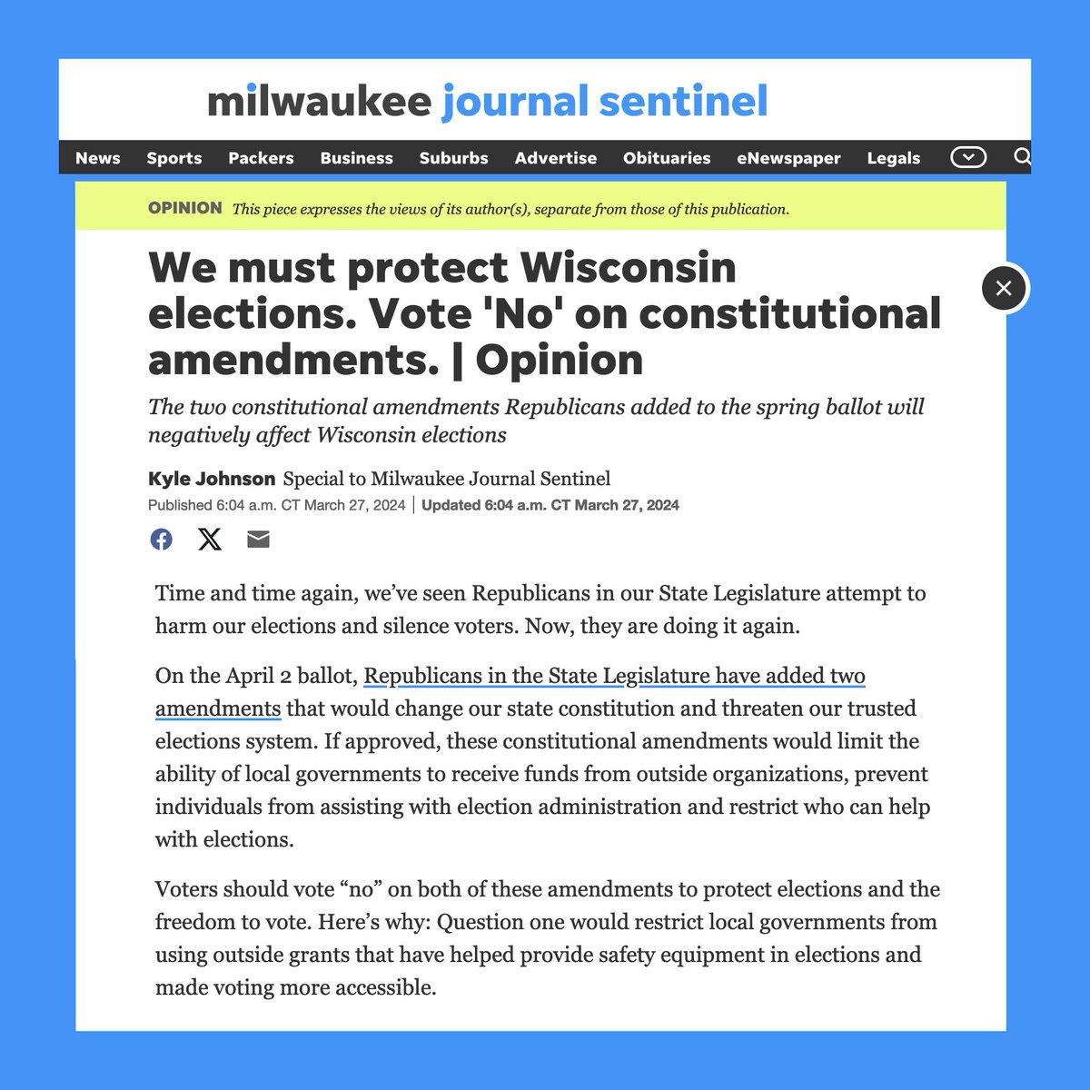 Vote NO on the constitutional amendments on the April 2 ballot and protect our elections!
Read this great op-ed in the <a href="/journalsentinel/">Journal Sentinel</a> by Kyle Johnson <a href="/blocbyblocMKE/">BLOC</a> 👇
jsonline.com/story/opinion/…