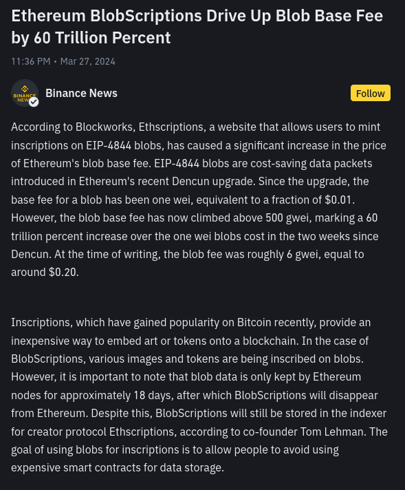 Oooops.

We are news!

#Ethscriptions #Blobscriptions #Blobs #ESIP8 #EIP4844 

BOTH BLOBSPACE AND CALLDATA IS OURS!

And yeah, I AM FVCK HAPPY i released blobbed.xyz! Even as basic as it looks.

'Break it til you make it.'