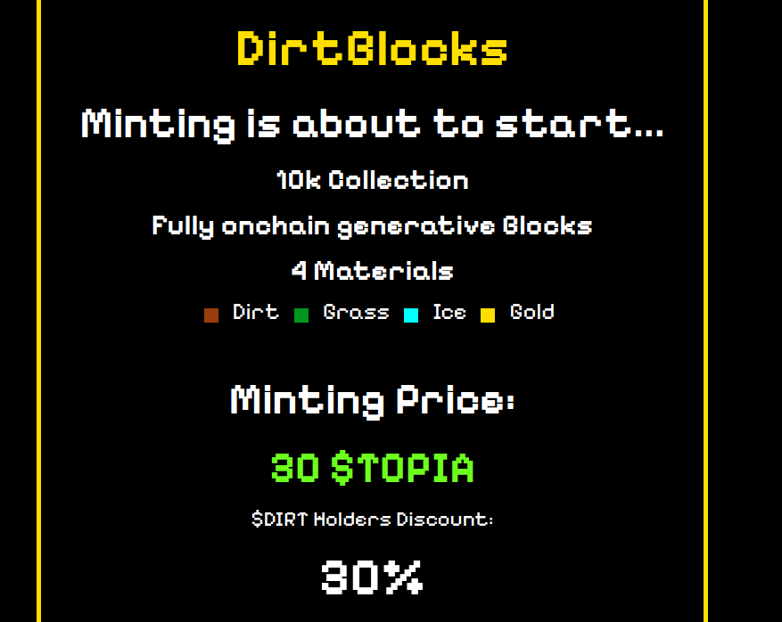 abstrucked's tweet photo. #DirtBlocks is here
π => 5 min to go
π«° => 30 $TOPIA
π => https://t.co/p0uteaiIln
@HYCHAIN_GAMES first #generative collection is here...
#NFTs #TOPIA #HYTOPIA #onchain https://t.co/mOnsxJe0yz