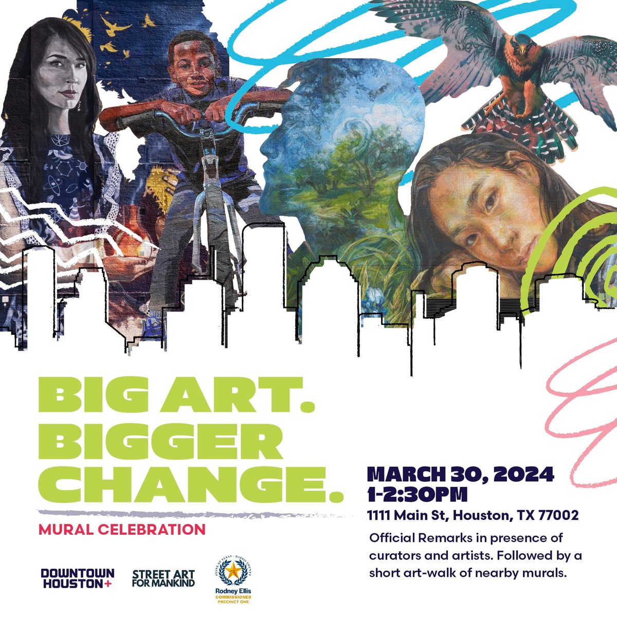 RodneyEllis's tweet photo. On Saturday, March 30th, at 1 pm, we will unveil the third set of murals in our “Big Art, Bigger Change” series at 1111 Main Street. #houart https://t.co/TR9ftPGnwj