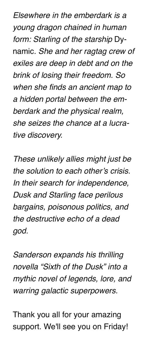 ICYMI: @BrandSanderson’s newest Secret Project will be titled ‘ISLES OF THE EMBERDARK’. The Cosmere novel is expected to release to backers in Spring 2025. Check out the synopsis below.