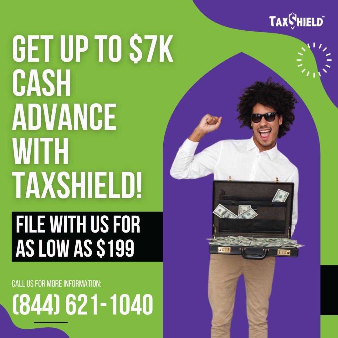 Did you know you could get up to $7,000 as a cash advance on your tax refund with TaxShield? Our expert team ensures easy filing and expert guidance every step of the way. Call us at (844) 621-1040 for more information.  #TaxSeason #CashAdvance #MaximizeRefunds #TaxShield