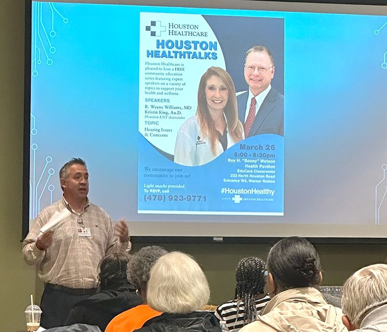 HoustonHealthGa's tweet photo. Community members gathered yesterday for Houston HealthTalks, a FREE community education series featuring expert health speakers. Wayne Williams, MD & Kristin King, AuD of Houston ENT Associates discussed hearing concerns.𦻠Stay tuned for our next event. #HoustonHealthy https://t.co/zZ7lg2SDtE