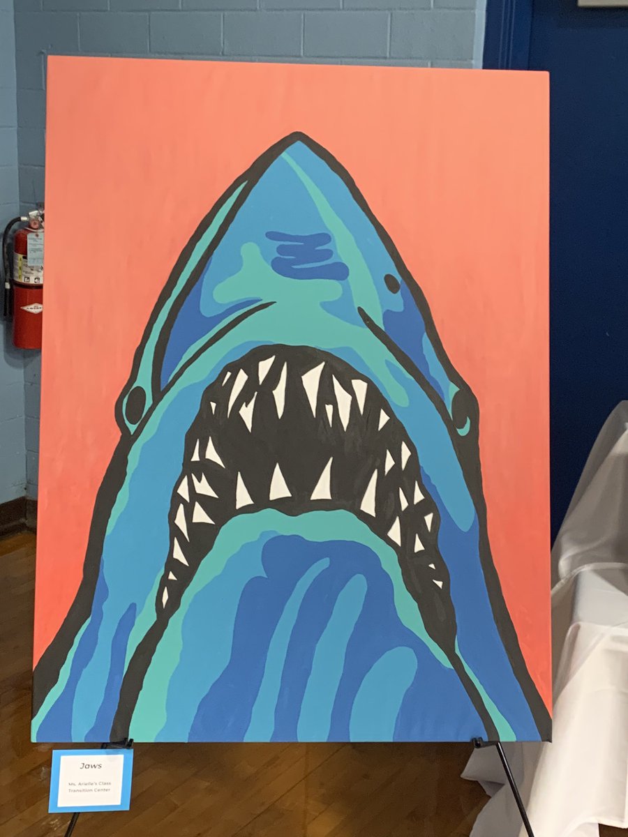 Come see Warren’s art piece along with all the other art pieces at the Quest art show at the old JH gym on your way home today. Love the shark! Jaws is one of my top 5 movies all time.