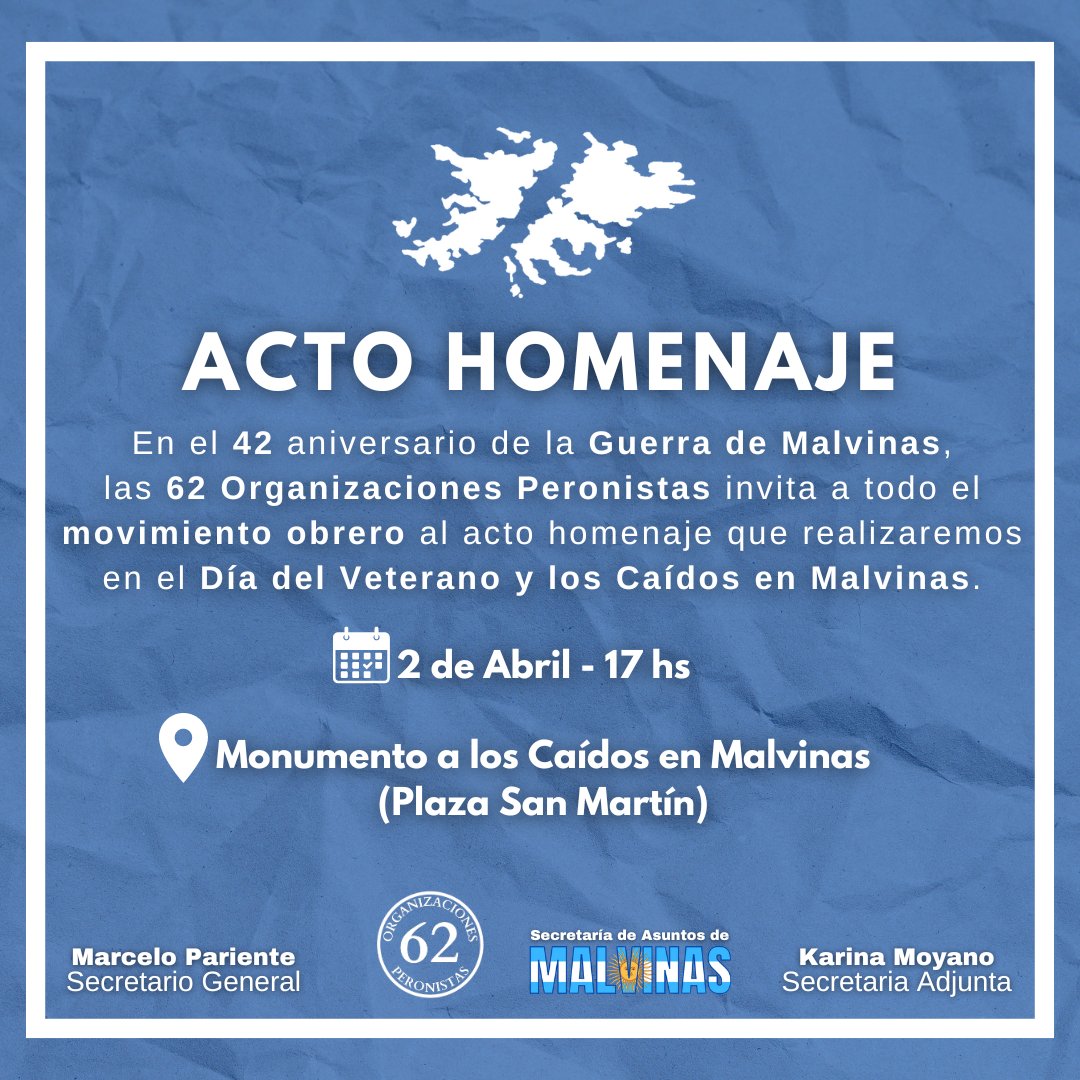 🗓2 de Abril - Dia del Veterano y los Caídos en Malvinas

Las 62 Organizaciones Peronistas invita a todos a participar del acto homenaje a realizarse el 2/04 a las 17 hs en el Monumento a los caídos en Malvinas, Plaza San Martin.

#MalvinasArgentinas
