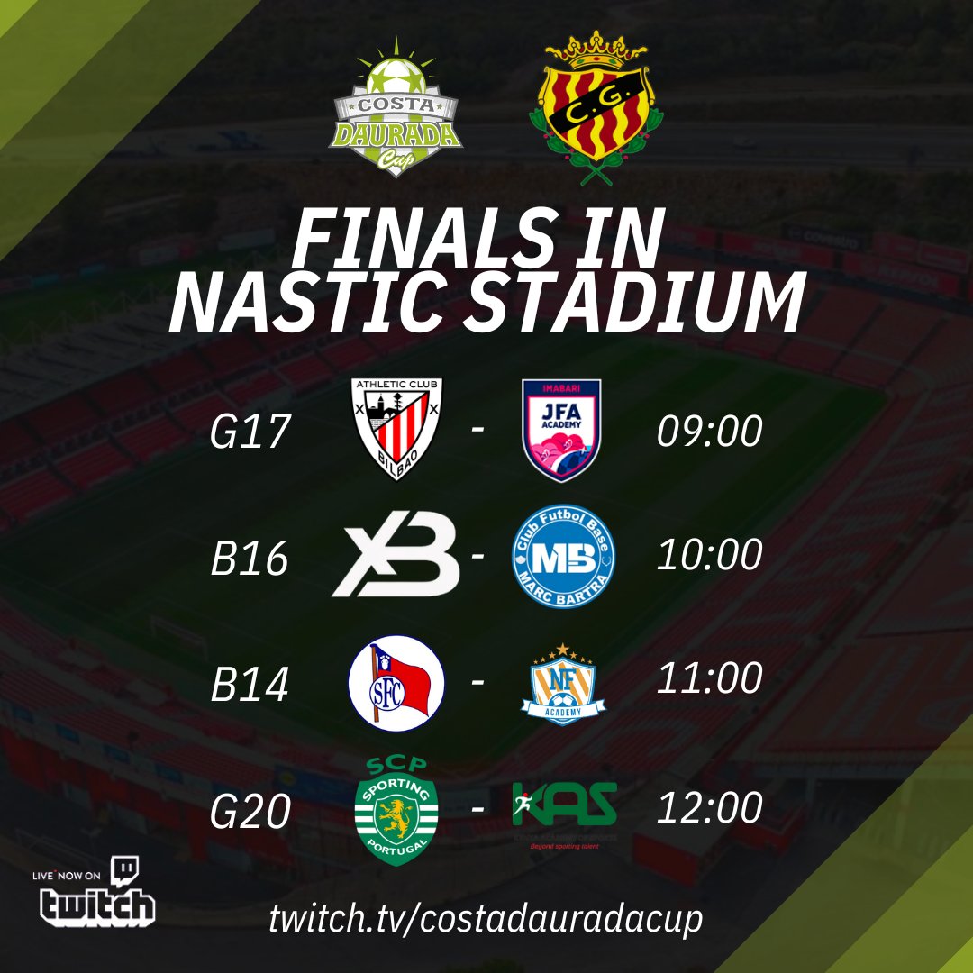 These are the finals that will be played in Nou Estadi Costa Daurada!👀

📺The finals will be covered via Twitch in the official channel of the tournament.

twitch.tv/costadauradacup

#WeAreCDC #CDC24