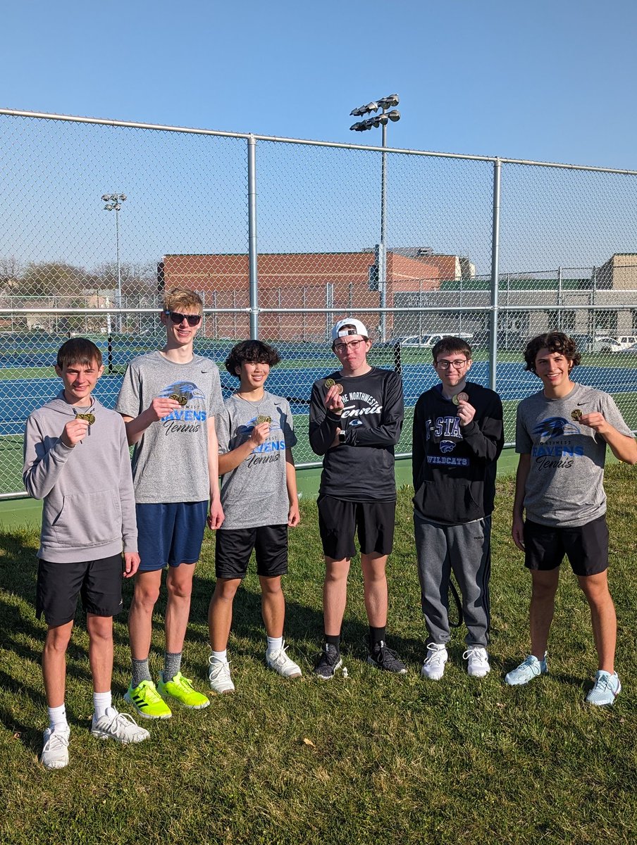 ONWRavenTennis's tweet photo. All smiles for these medalists. 2 1sts and 2 3rds equal a tie for the team title! #skoRavens https://t.co/WaTDtvFlBz