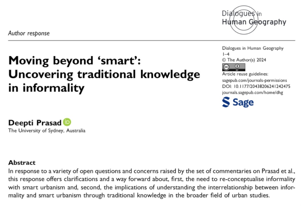 Happy to publish my latest in @DialoguesHG (open access). Moving beyond ‘smart’: Uncovering traditional knowledge in informality Thank you to Prince Guma (@PrinceGuma), Nancy Odendaal (@NancyO_UCT) and Tathagata Chatterji for engaging with my work. journals.sagepub.com/doi/full/10.11…