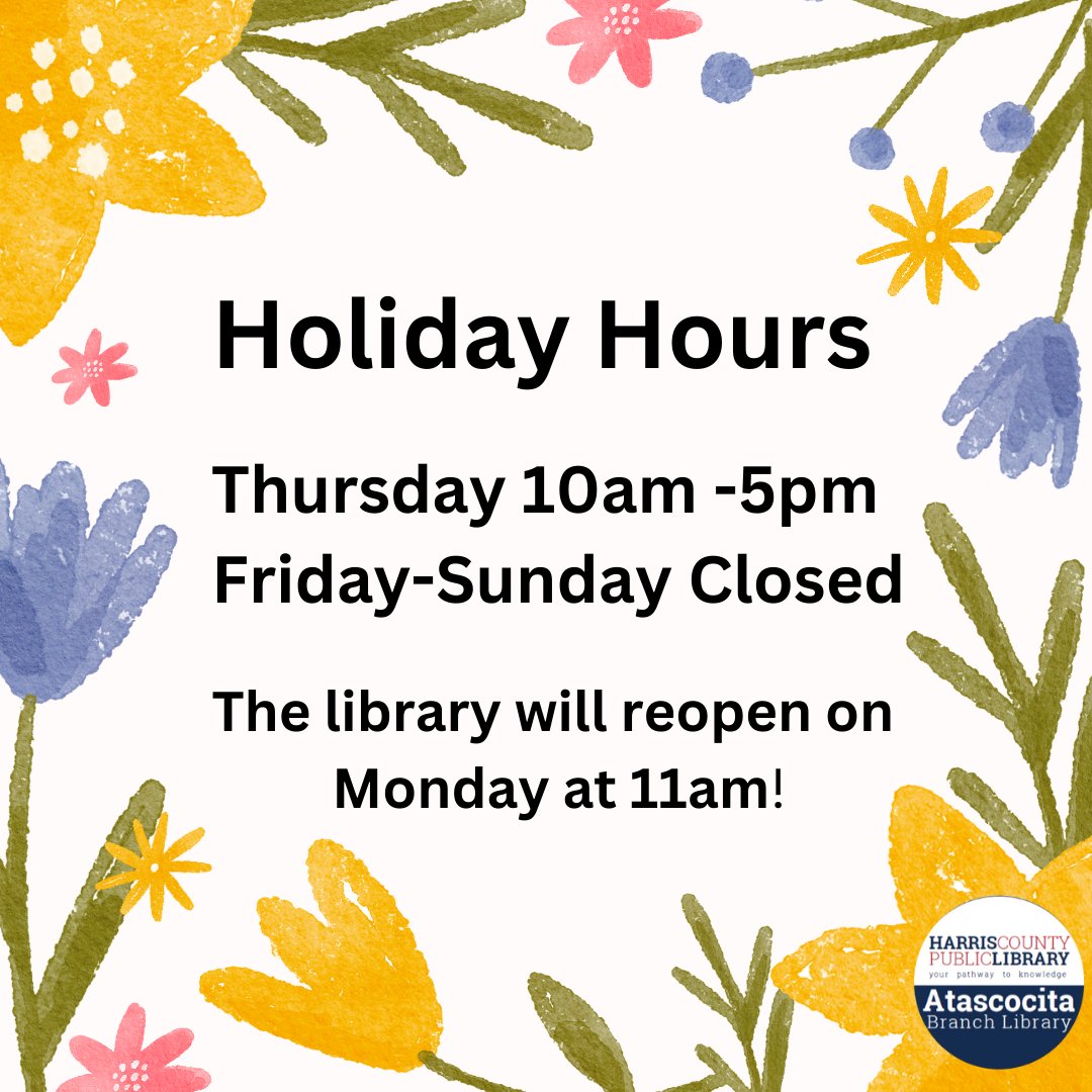 FYI, the library closes early on Thursday for the upcoming holiday! Grab your items and holds before 5pm. Of course, you can always access our online content 24/7 at hcpl.net