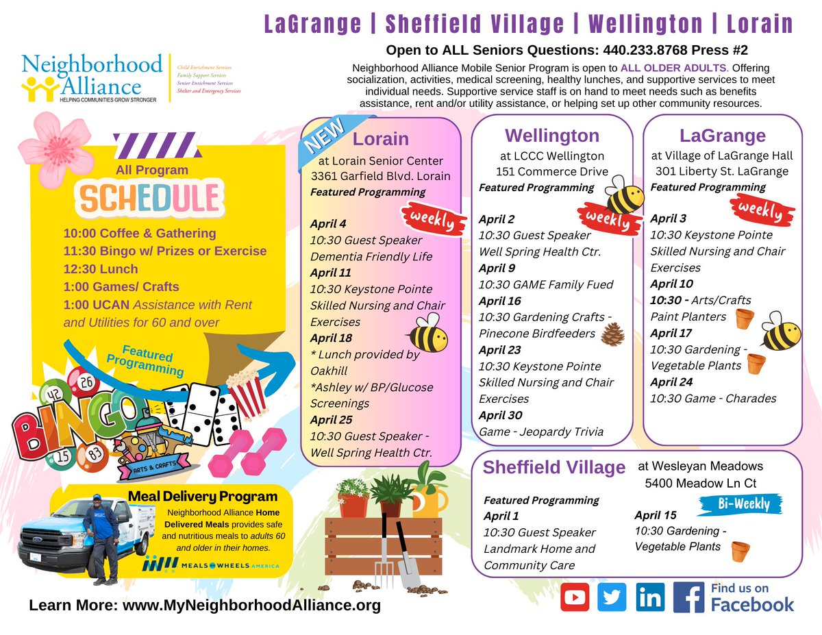 JOIN US in APRIL! 
FREE Mobile Senior Program is open to ALL OLDER ADULTS. Programs are available in Wellington, LaGrange, Sheffield Village, and Lorain. 

Learn more: myneighborhoodalliance.org/mobile-senior-…

#MyAllianceNEO #MobileSeniorsProgram #LorainCounty #OlderAdults #retired