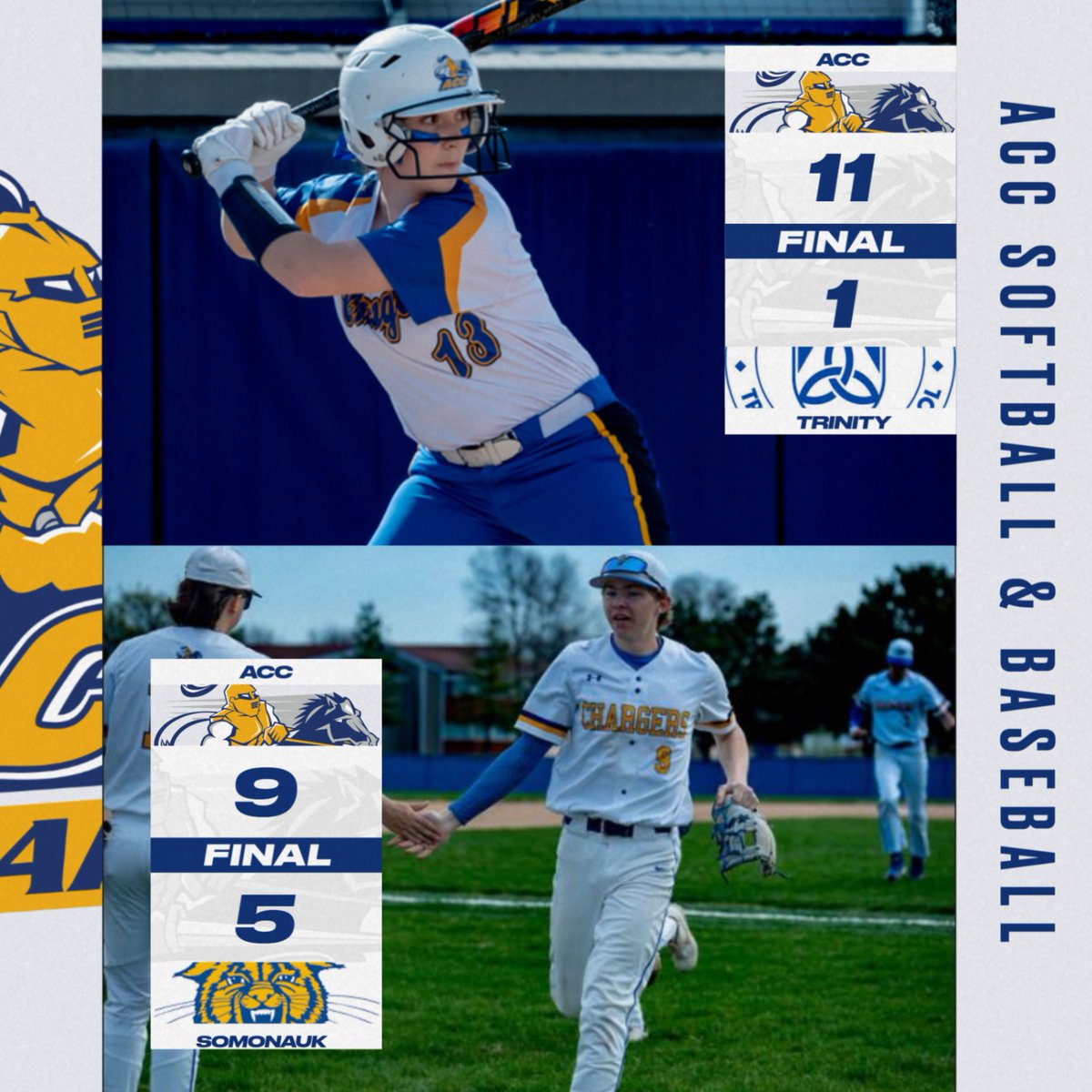 Big wins for softball over Trinity High School and baseball over Somonauk today on the last full day of school heading into Easter break. Great work everyone! Go Chargers! #ChargerUp @ACCBaseball_ @ACC_Fastpitch