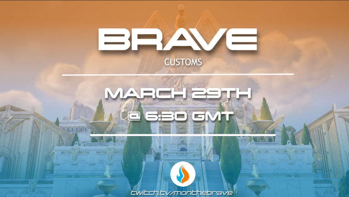 thebraveesports's tweet photo. 📢Attention Everyone, this is your reminder that our Brave Customs will take place this Friday at 6:30 GMT.

Make sure to be there as you will have the chance to win a prize of £10 per round.

Sign up here: https://t.co/8RtgyQ1RqV

#MonTheBrave🔥 https://t.co/EejMKSjgug
