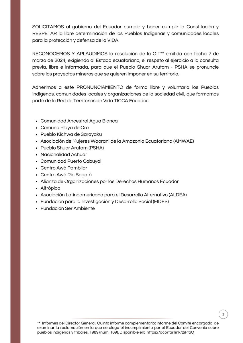 #Ecuador 🐚🌎 #PRONUNCIAMIENTO | La Red de Territorios de Vida TICCA Ecuador se pronuncia en APOYO con el Pueblo Shuar Arutam - #PSHA, por la defensa y protección de su territorio en contra de la minería; El PSHA se autodefine como #TerritoriosdeViday está en el Registro TICCA.