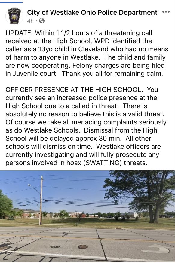 As WPD posted, they have quickly identified the person responsible for today’s threat. We are grateful for <a href="/WestlakePolice/">Westlake Police Department (Ohio)</a>.  Great police work! Also, a thank you to our administration, staff, students, and families.