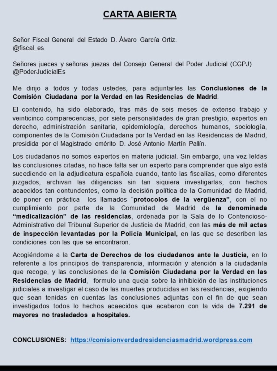 Los familiares de las víctimas en las residencias de la Comunidad de Madrid nos piden colaboración para difundir esta Carta Abierta donde se solicita a la Fiscalía General del Estado y al CGPJ que intervengan sin demora.  Maxima difusión