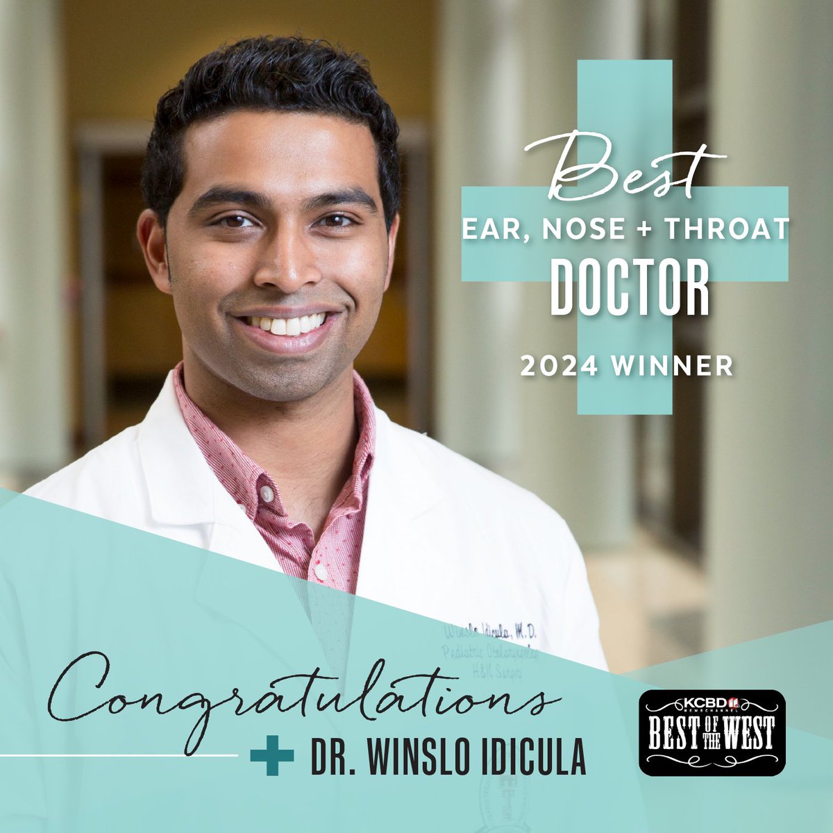 Congratulations to Winslo Idicula, M.D., a @ttphysicians Ear, Nose + Throat (ENT) doctor, on winning @KCBD11's 2024 'Best of the West' for Best ENT Doctor! 👏 Dr. Idicula is trained specifically to treat children who suffer from hearing loss or other hearing and speech disorders.