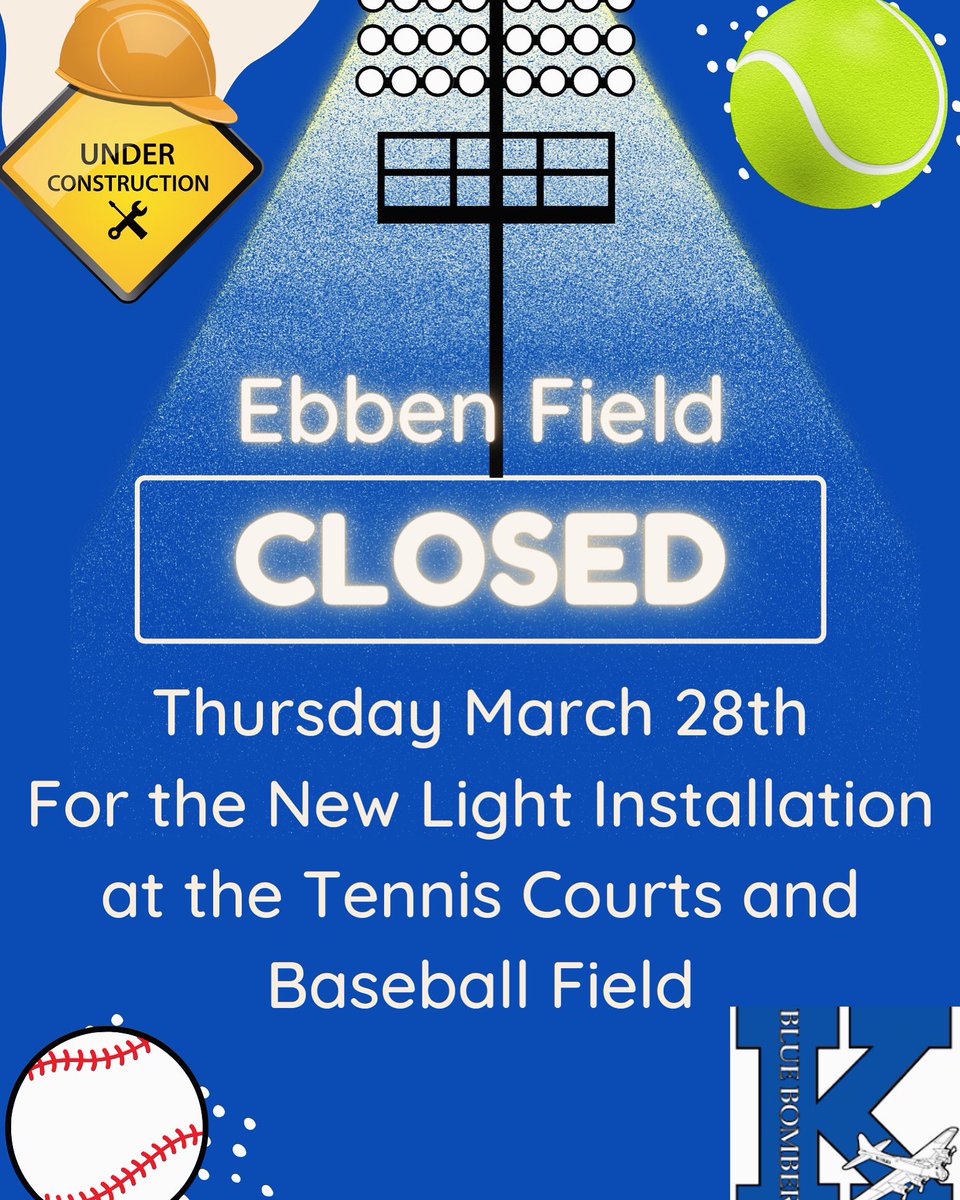 Due to the installation of the new lights at the tennis courts and baseball field Ebben Field will be closed tomorrow. There will be signs saying do not to enter. If you would like to watch please watch from the school parking lot. The lights will be installed from 8:30-4:00