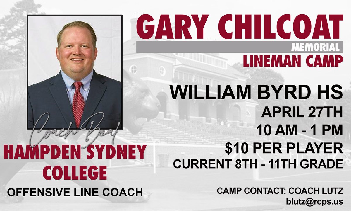 Coach Brad Lutz (@coachbradlutz) on Twitter photo Gary Chilcoat Memorial Lineman Camp
We are excited to announce that Coach Beal from Hampden Sydney College is joining the camp staff for the Gary Chilcoat Memorial Lineman Camp. <a href="/CoachMBeal/">Coach Max Beal</a>
Don’t miss this incredible opportunity. Gary Chilcoat Memorial Lineman Camp
We are excited to announce that Coach Beal from Hampden Sydney College is joining the camp staff for the Gary Chilcoat Memorial Lineman Camp. <a href="/CoachMBeal/">Coach Max Beal</a>
Don’t miss this incredible opportunity.