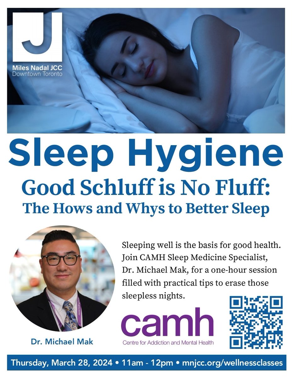 I'm delighted to present on common sleep problems and ways to deal with them at the @MilesNadalJCC tomorrow. Please join me in person at 11am or virtually below. us02web.zoom.us/j/89776914683?… Passcode: mnjcc @CAMHnews