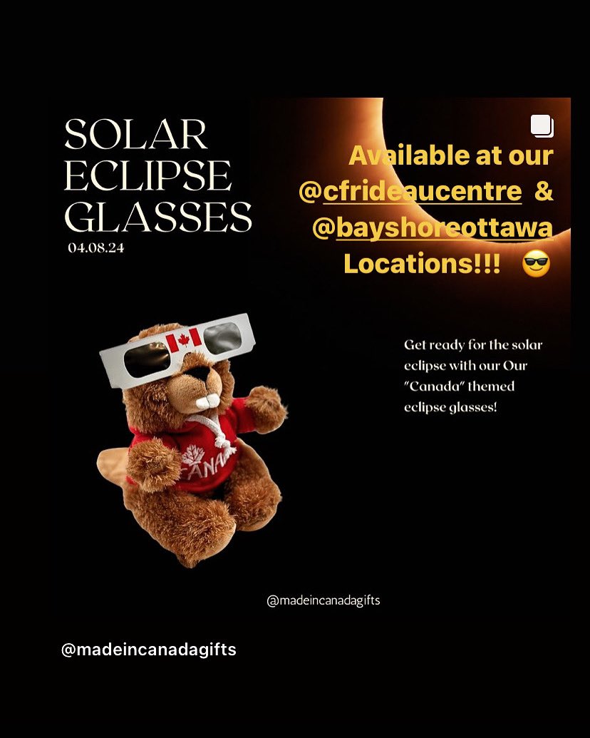 Yep we have eclipse glasses in stock at our @CFRideauCentre and @BayshoreOttawa locations! Lots in stock but they’re moving fast so get yours now 😎❤️ #eclipseglasses #Ottawa