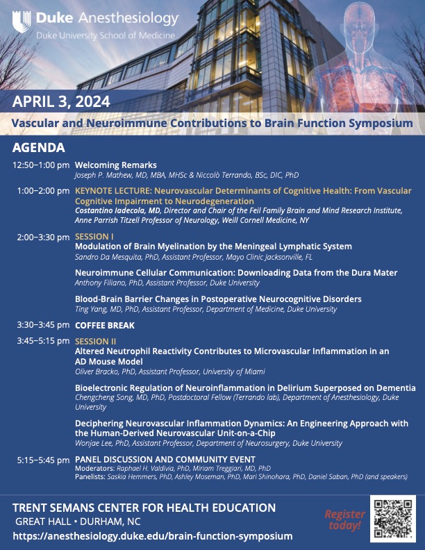 🚨1 more week to this event🚨 Thank you @DukeFacultyAdv and @Duke_CTSI for supporting this, especially for nurturing collaborations across @Duke_Anesthesia & @ImmunologyDuke and advance work in #neuroimmunology, #delirium, and brain health @DukeU . Thrilled for this lineup!