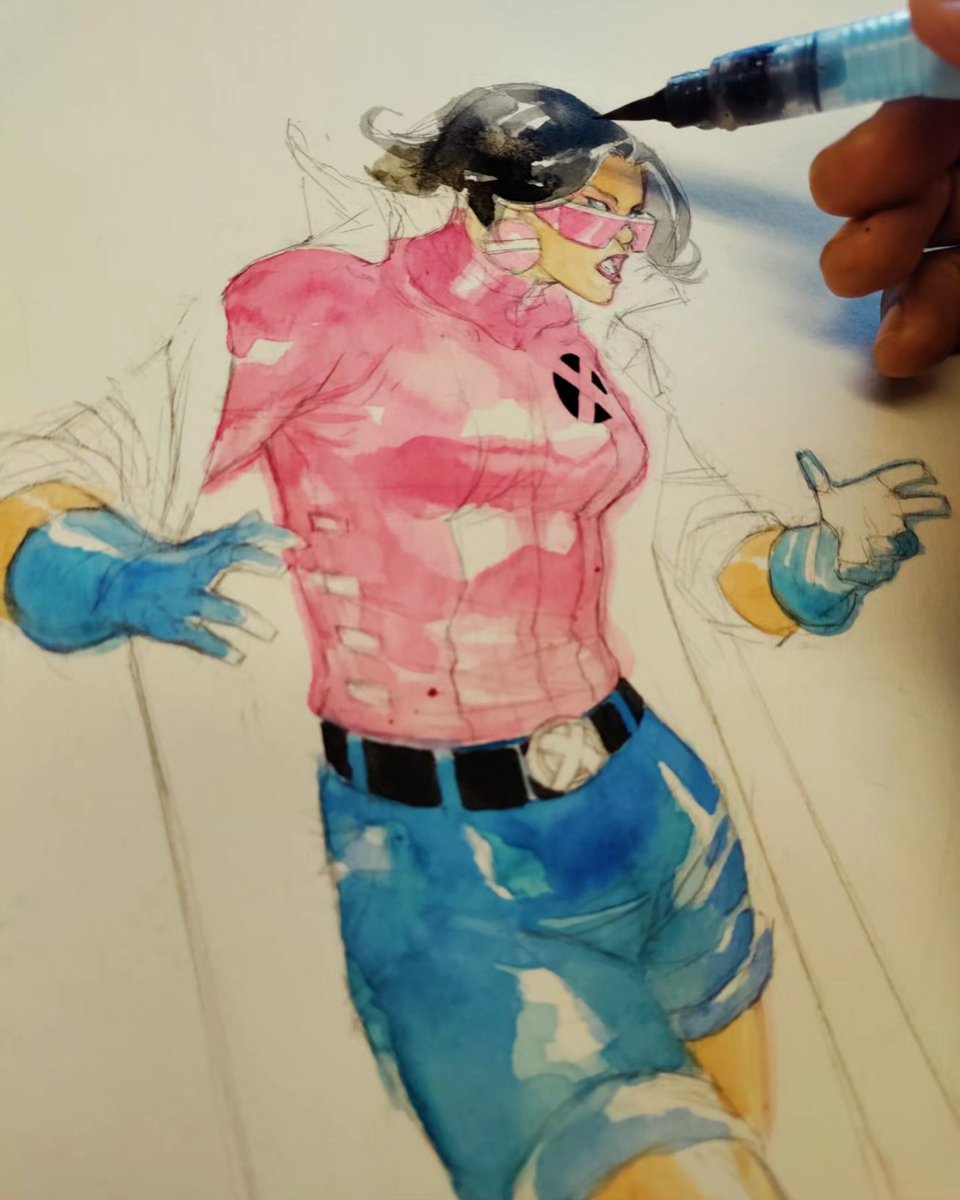 UkoSmith's tweet photo. "Color you peach and black,Color me takin' aback!" Today's daily 9x12 NO LONGER AVAILABLE #jubilee #xmen97 #jubileexmen #jubileecosplay #art #artiste #artist #xmen #comics #mutants #pyrotechnic #mixedmedia #acrylics #stanlee #jackkirby #marcsilvestri #chrisclaremont #originalart https://t.co/9oSV4eTSUY