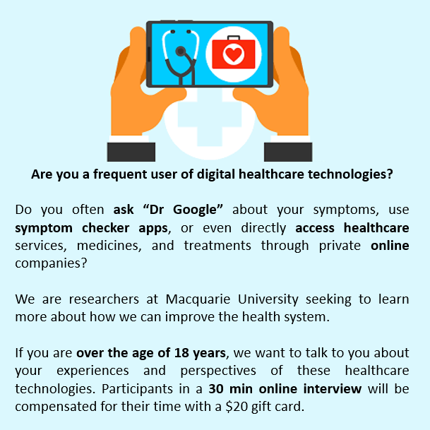 Kate Louise Churruca (@katechurruca) on Twitter photo Are you a frequent user of digital healthcare technologies?
Please contact kate.churruca@mq.edu.au to hear more about the study and potentially take part. Are you a frequent user of digital healthcare technologies?
Please contact kate.churruca@mq.edu.au to hear more about the study and potentially take part.