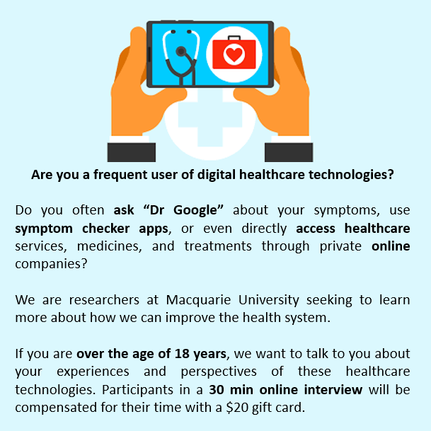 Are you a frequent user of digital healthcare technologies? Please contact kate.churruca@mq.edu.au to hear more about the study and potentially take part.