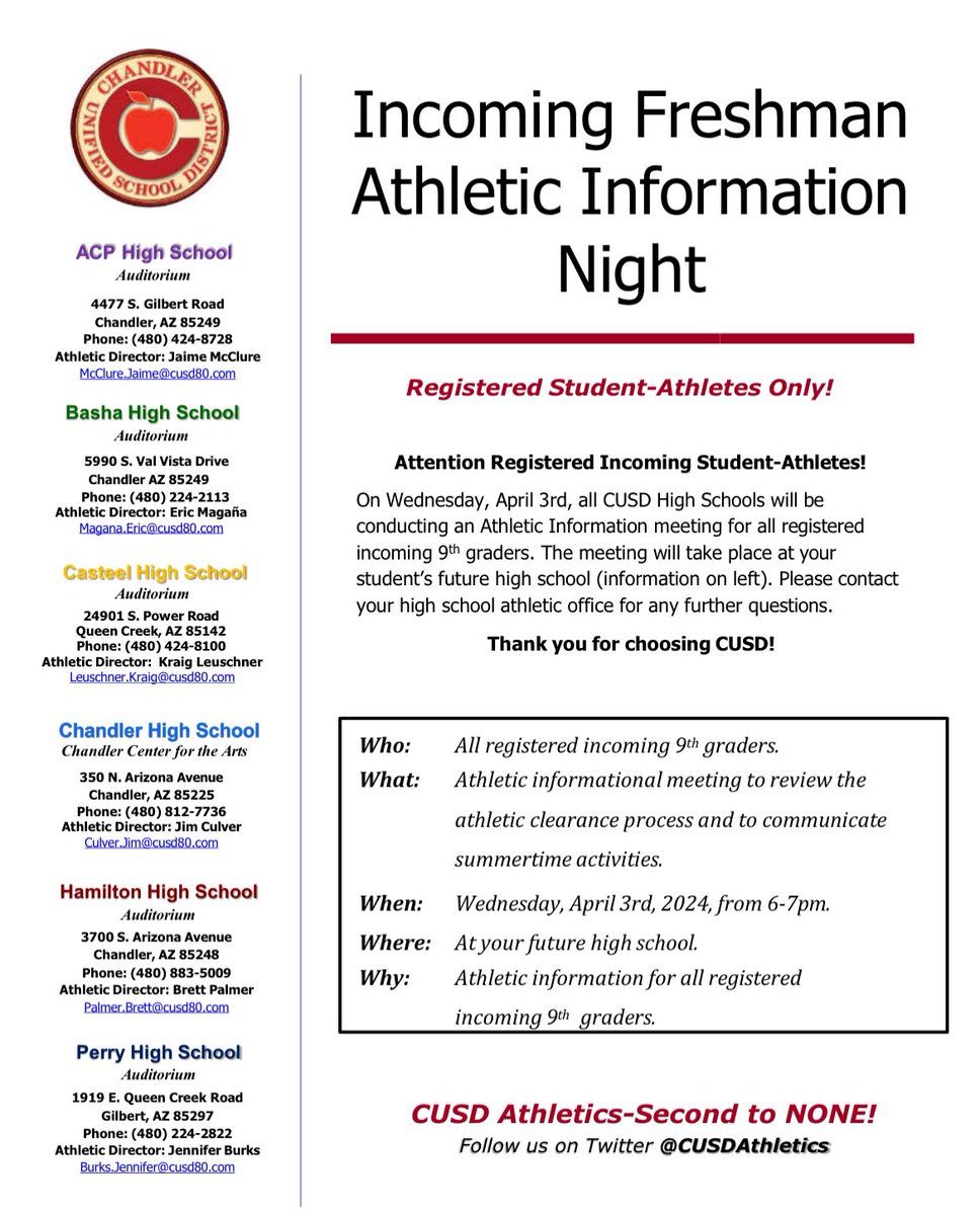 Incoming Freshman Athletic Night is next week at CHS!