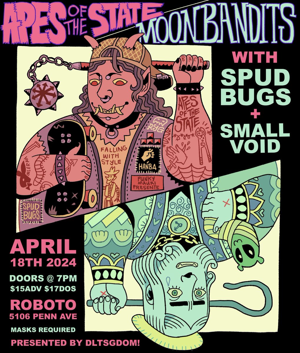 APRIL 18TH: <a href="/ApesoftheState/">apes</a> + <a href="/moonbandits/">moon bandits</a> w/ Spud Bugs + Small Void at <a href="/RobotoProject/">The Roboto Project</a>!!

The last couple Apes shows at Roboto sold out so don't miss out! Get your tickets here: dltsgdom.ticketleap.com/apes-of-the-st…