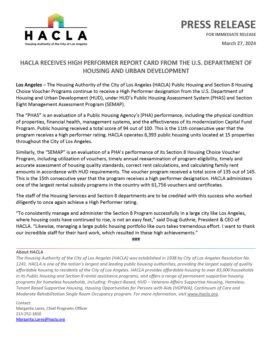 HACLA's #PublicHousing and #Section8 Programs continues to receive a High Performer designations from @HUDgov under HUD’s PHAS and SEMAP! 🥳 Read our press release 👉hacla.org/en/news/hacla-…