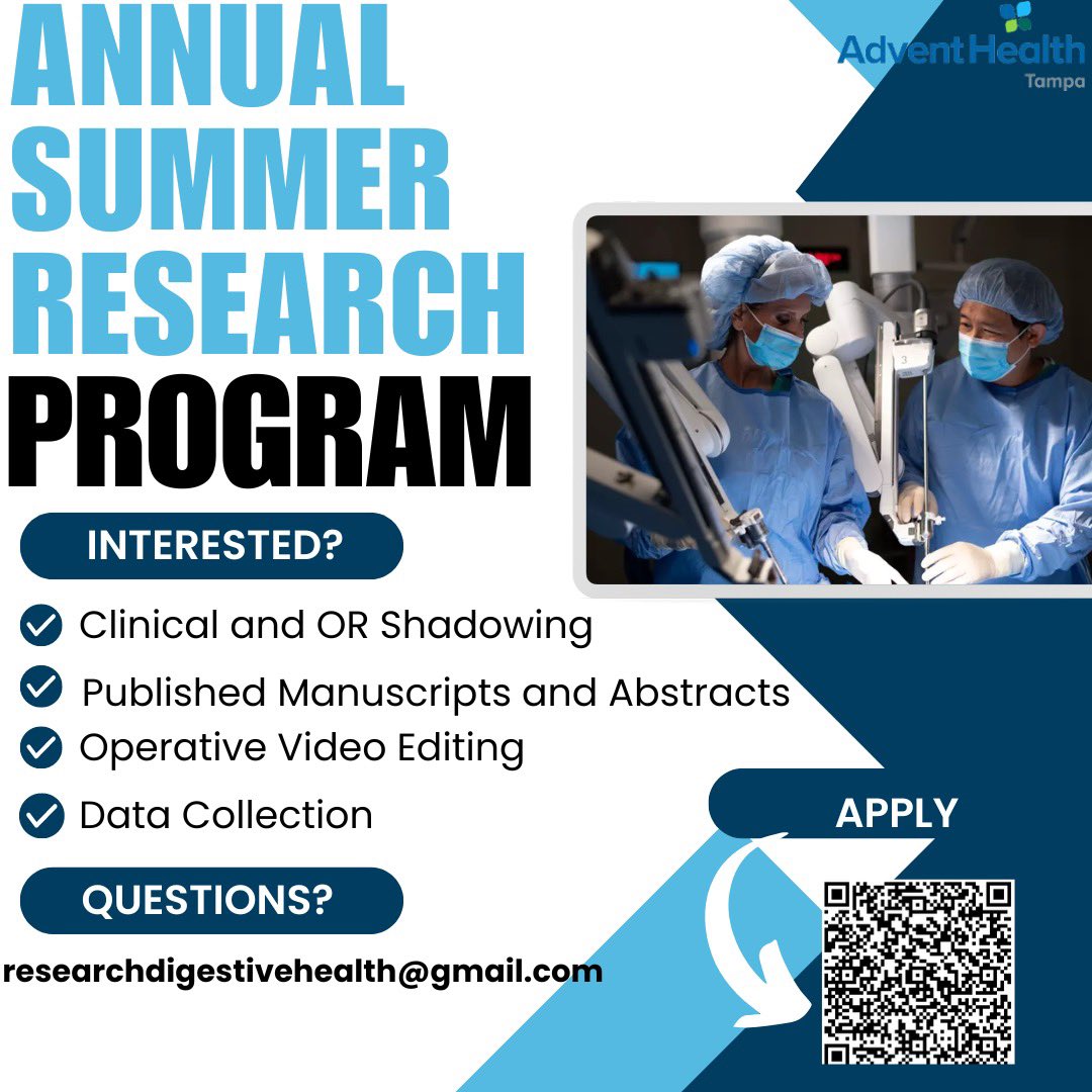 Embark on a journey of discovery this summer! Join us at the Digestive Health Institute at AdventHealth Tampa for an incredible research opportunity. Work with us in a dynamic environment where you can: ✅ Dive into clinical research ✅ Shadow experts in the operating room and