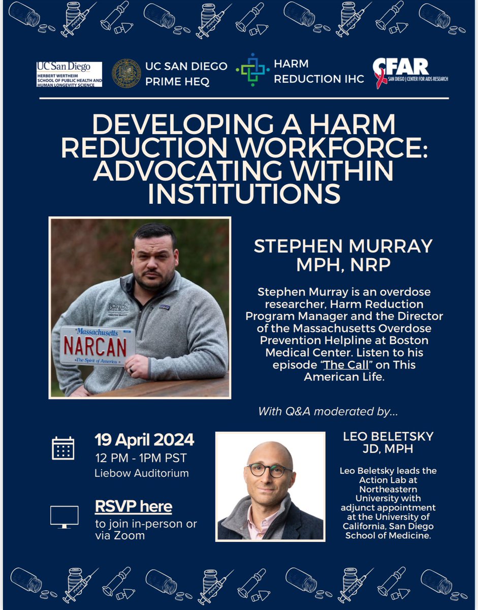 Come join me and @LeoBeletsky at @UCSDMedSchool for a coffee and conversation about developing harm reduction workforce! Thank you to @elisolomon97 and team for organizing. Reg here: docs.google.com/forms/d/e/1FAI…