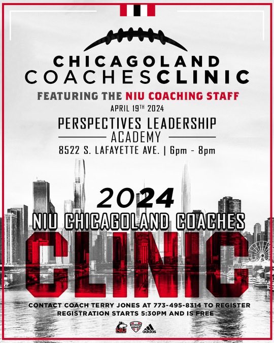 On April 19th, @NIUCoachHammock’s coaching staff will be in attendance at @PCSEDU Leadership Campus for the @NIU_Football Chicagoland Coaches Clinic from 6 p.-8 p. @CoachMooreNIU @CPLAthletics @IHSFCA1 @WeAreAFCA @FCA_Football1 @NCMFC1 @mikeclarkpreps @michaelsobrien @EDGYTIM