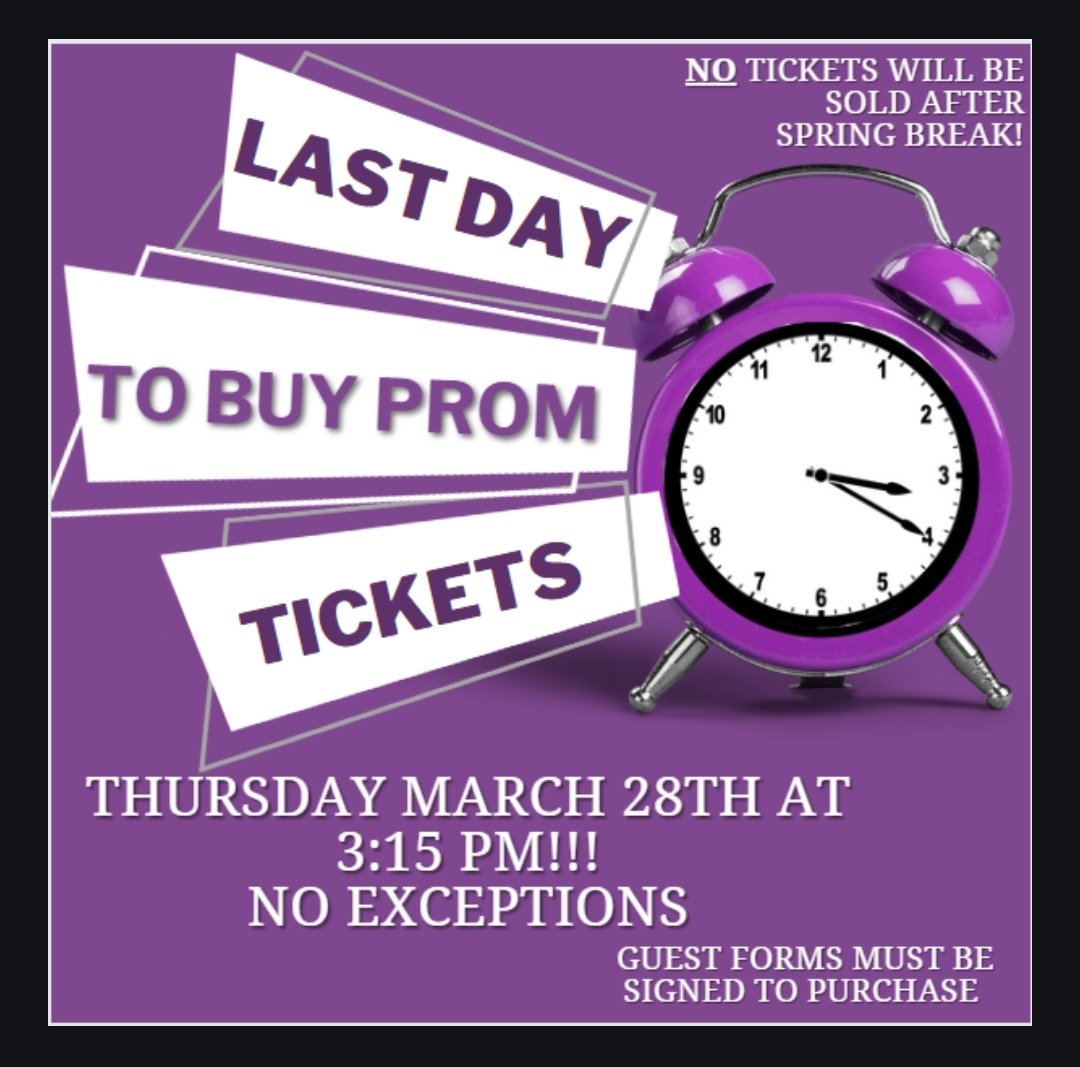 Thursday, March 28th is the last day to buy a ticket!!!!

(No sales after 3:15 pm!)