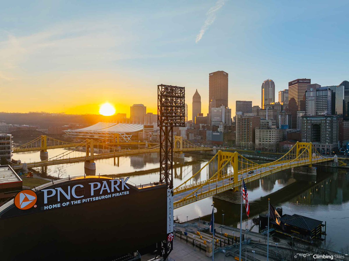 'Ballpark Sunrise' 
.
.
We will once again be able to enjoy views like this starting next Friday April 5th, for the #pittsburghpirates home opener! PNC Park ranked as MLB's best ballpark - USA Today 
.
.
#dronephotography #pittsburghpirates #pncpark #mlb #climbingskies