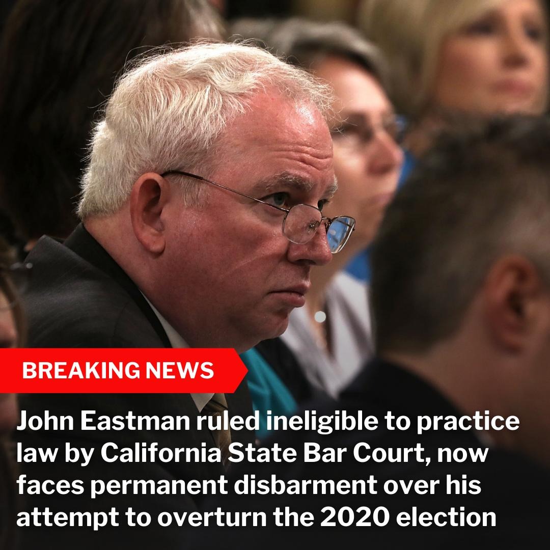 The CA Bar just delivered an important 2020 accountability outcome – recommending John Eastman for permanent disbarment. Kudos to our team @statesunited who filed the initial ethics complaint against him in 2021, along with me &  dozens of bipartisan signers.…
