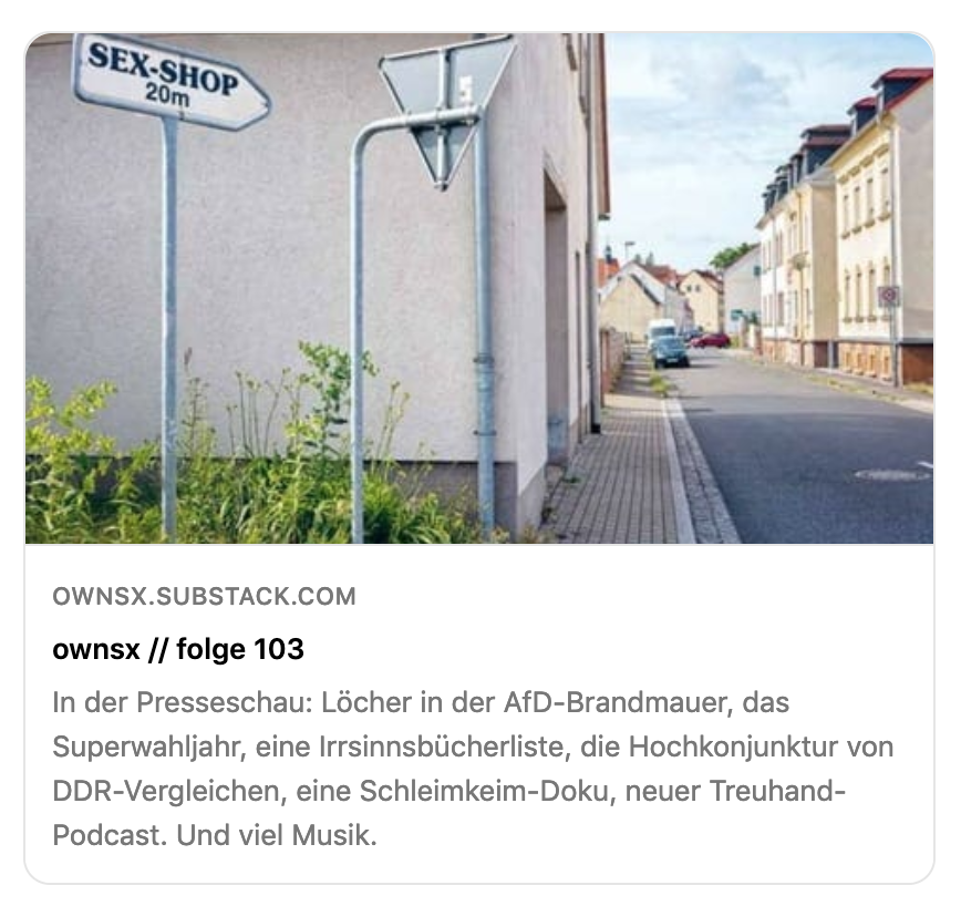 Voilà, #ownsx-Newsletter Nr 103. Mit Beiträgen u.a. von @SabineamOrde @Stefan_Locke @ahasosojaja @mawy82 @PMaxwill @hendrik_lasch @dabdt @augustmodersohn @MartinNejez @imayer @Martin_Debes @nasus_ @frau_maier @Malte_Brux @BAB_Berlin @jana_hensel → tinyurl.com/ownsx-folge103 🐇 1/3