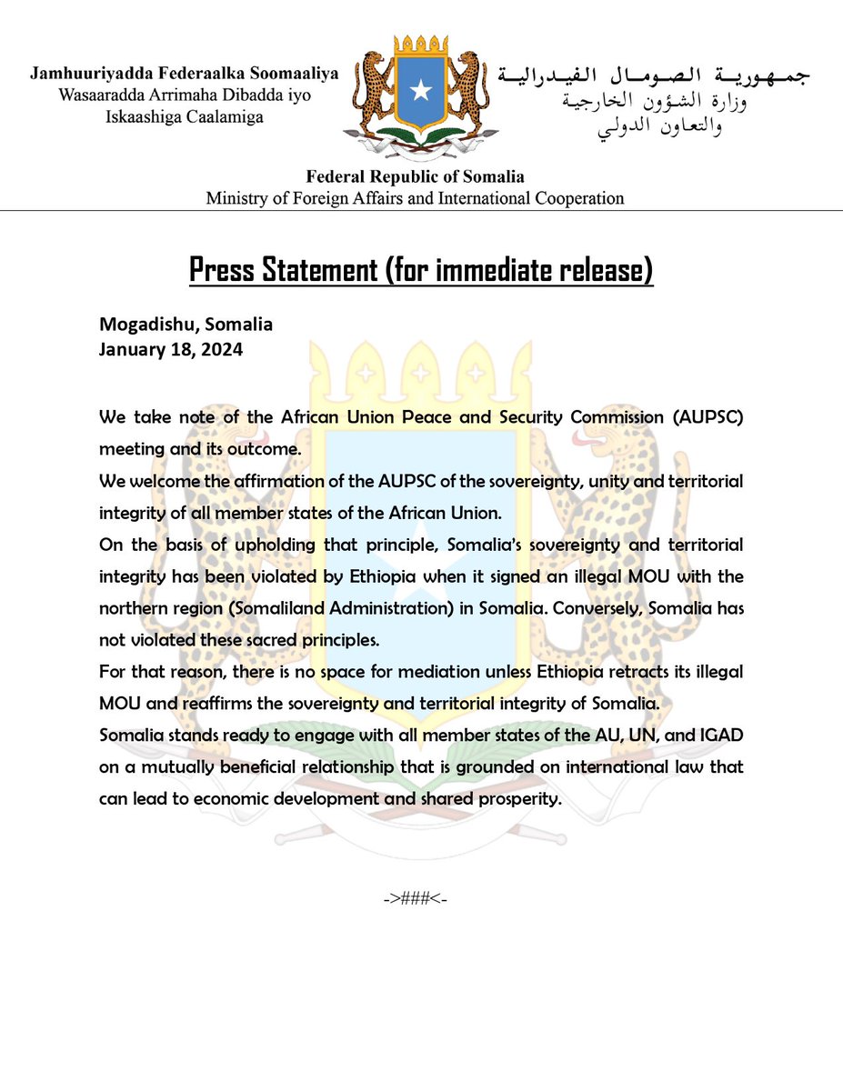 AqonyahanToorey's tweet photo. "There is no space for mediation unless Ethiopia retracts its illegal MOU and reaffirms the sovereignty and territorial integrity of Somalia."
"Not one inch" #ZeroPrinciples https://t.co/9PXqCvQKC9