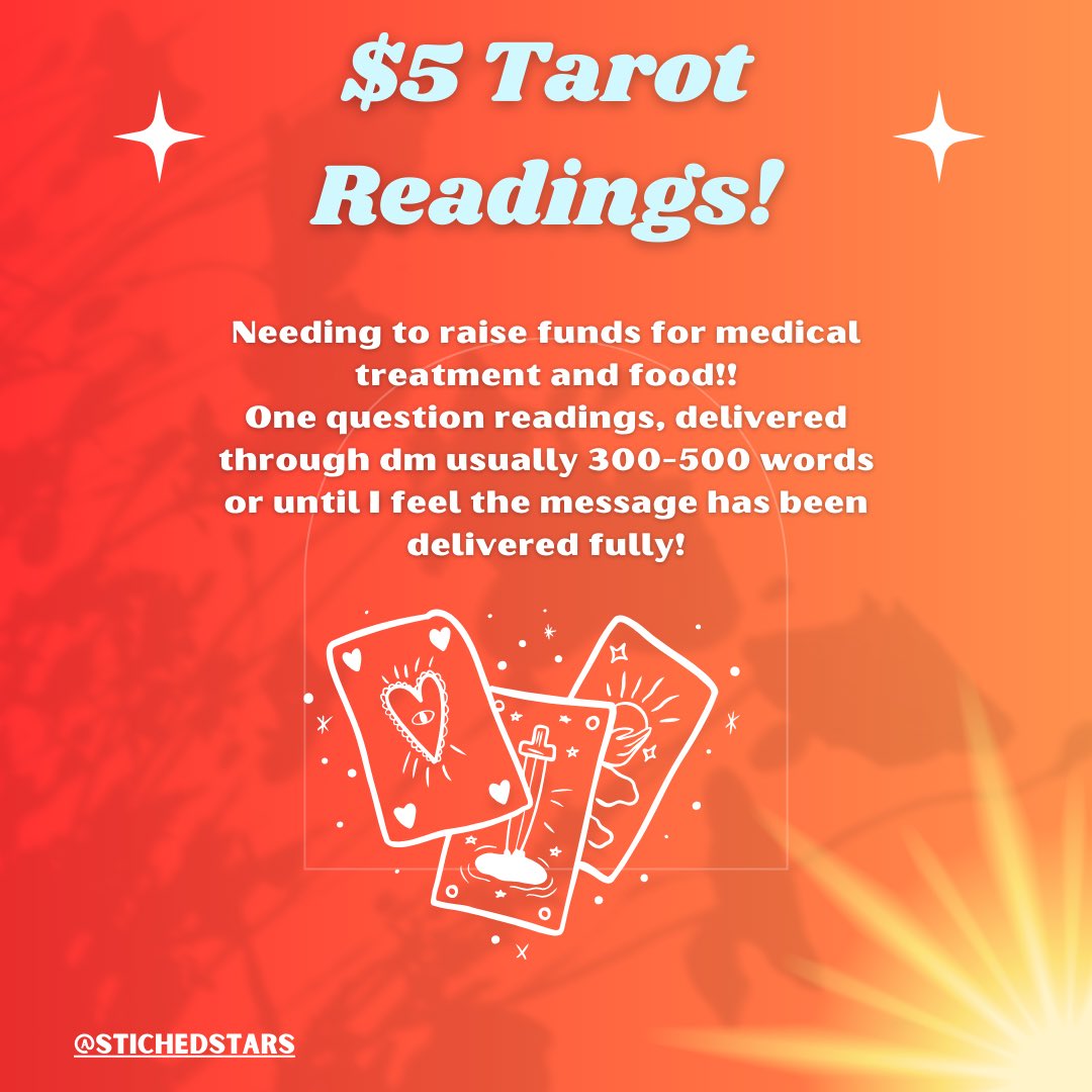 stichedstars's tweet image. $5 (per question) tarot readings now available to try and raise money for my medical and general life expenses!

If you don’t know me, I’ve been practicing tarot for 8 years! My tarot is soul based, which is to say it focuses on healing, growth, self love and self awareness. ♥️
