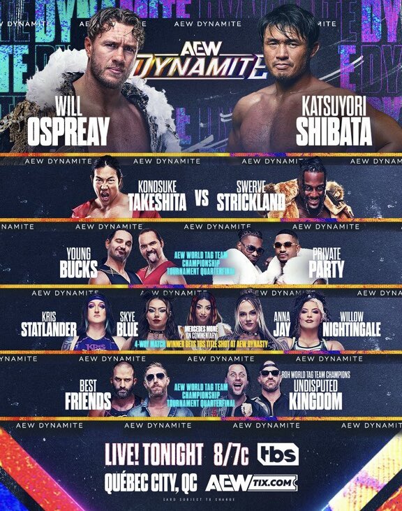 Can’t wait to watch @WillOspreay vs @K_shibata2022 on tonight’s #AEWDynamite! Two of my favorite wrestlers to watch, and I’ll be interested to see Katsuyori Shibata’s approach to the Ospreay puzzle. Dynamite starts in about 10 minutes on @TBSNetwork! 8pm ET/7pm CT! @AEW