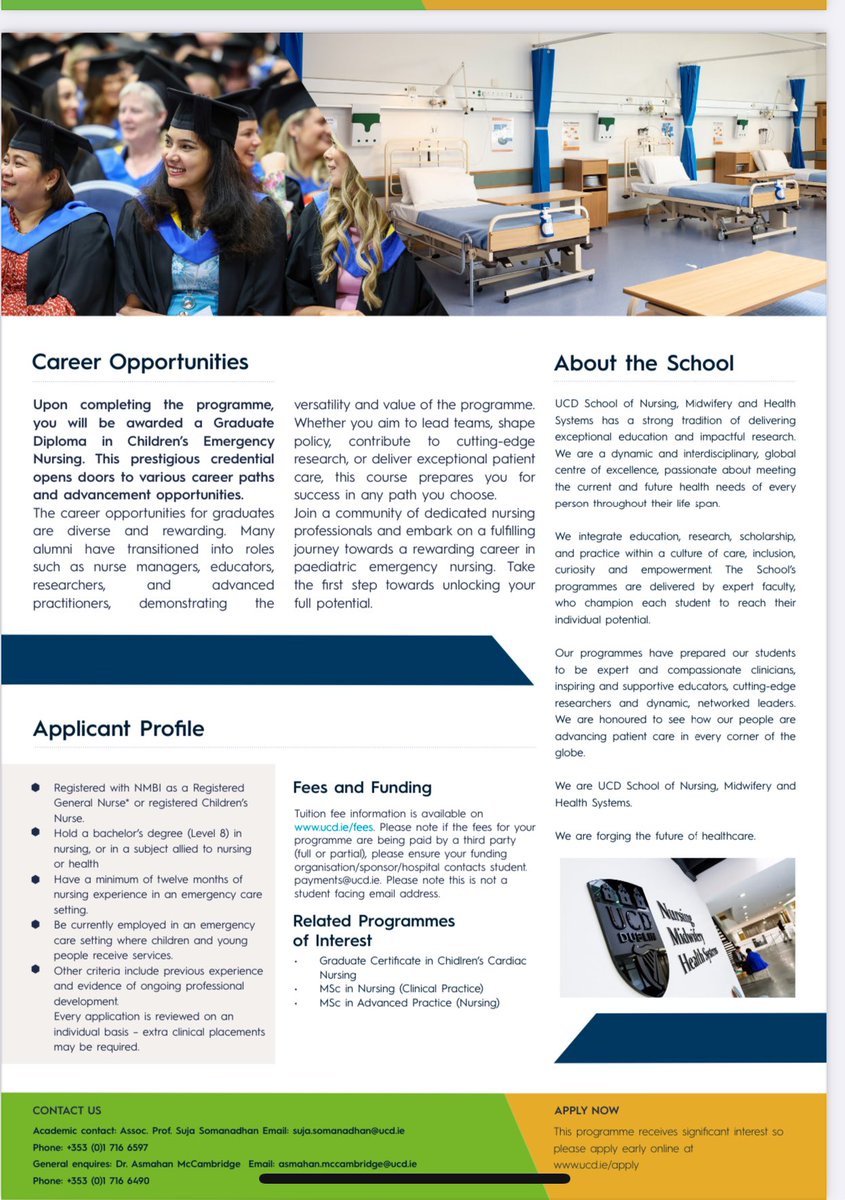 Emergency nursing (children) can be both challenging and rewarding. New intake alert 🔔 Graduate Diploma in Emergency Nursing (Children's) programme for the upcoming intake commencing in September 2024/2025. Partnership national programme between @ucdsnmhs @CHI_Ireland