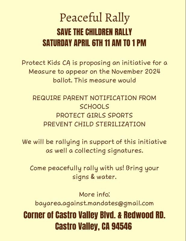 Castro Valley, California 
Saturday, April 6th
#California #Socal #ParentalRights