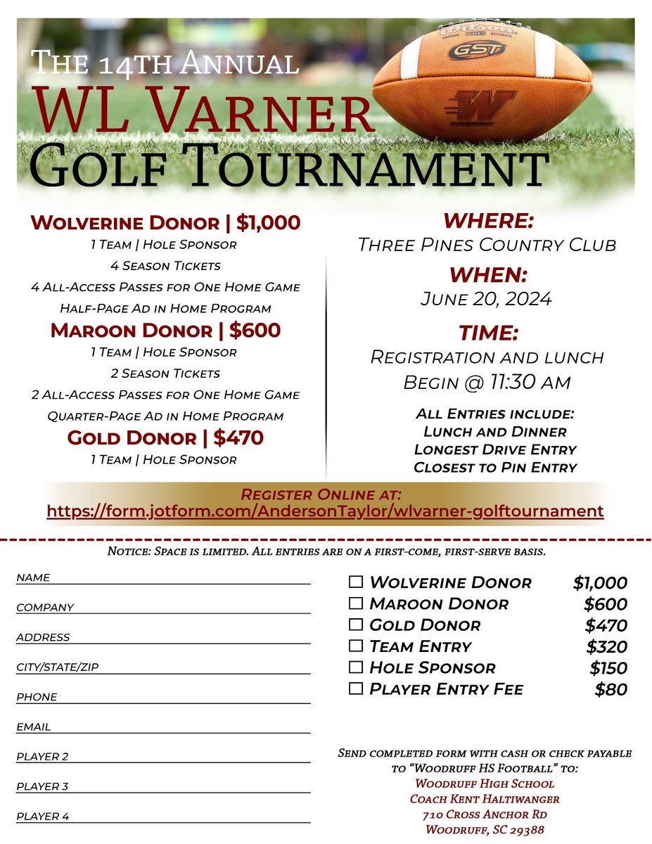 @WoodruffFB fans and alumni please come out and support us in our annual WL Varner Golf Tournament on June 20th. Please see the details below. Here is the link to register form.jotform.com/AndersonTaylor… @CoachTA6 @bluehose_53 @CoachSettle15 @kidtomas2727