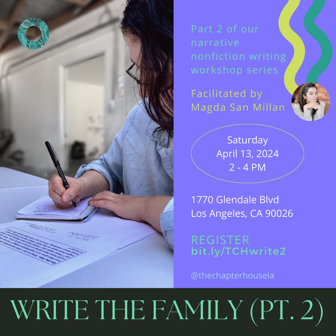 🖌This is a nonfiction creative writing workshop. 🙋🏽‍♀️All writing levels are welcome.⁠ Register for the April 13th workshop at bit.ly/TCHwrite2.
⁠
#TheChapterHouseLA #TheChapterHouse #TongvaTerritory #EchoPark #TCH #CreativeWriting #WritingWorkshop #Family #WritetheFamily